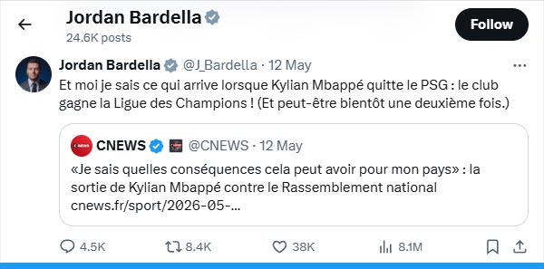 copie écran compte x de Jordan Bardella sur le PSG