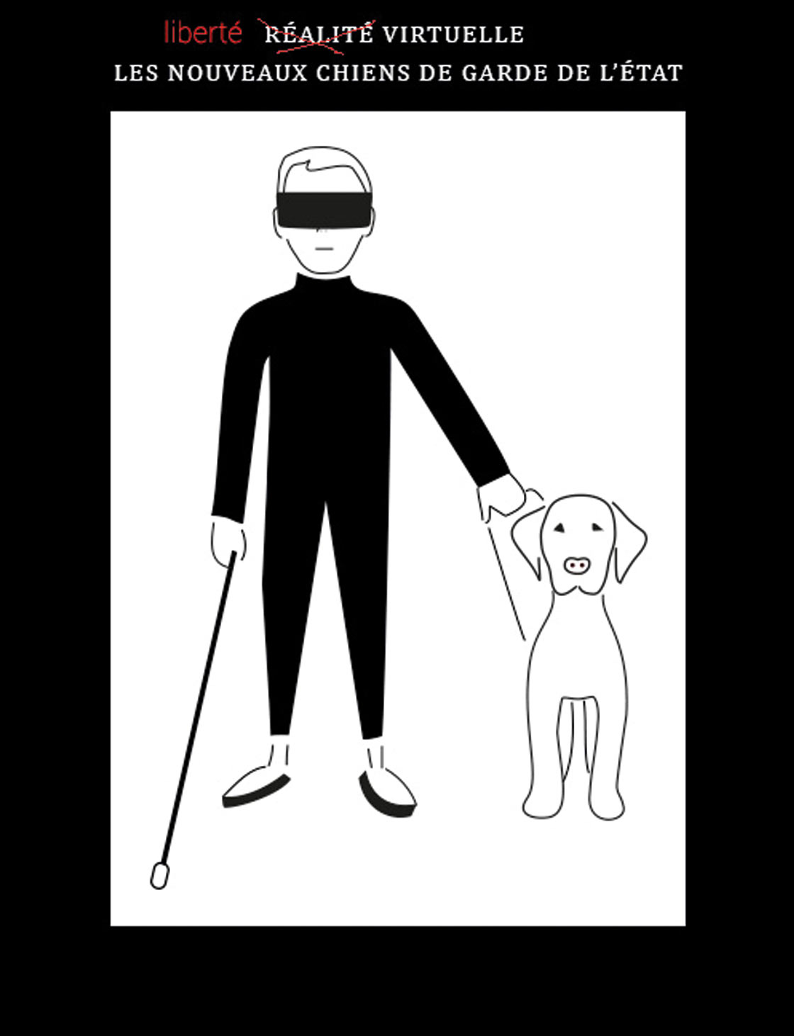 homme avec un masque de réalité virtuelle guidé par une chien